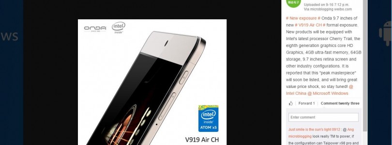 Onda V919 Air CH announced, 9.7″ Atom Cherry Trail Tablet